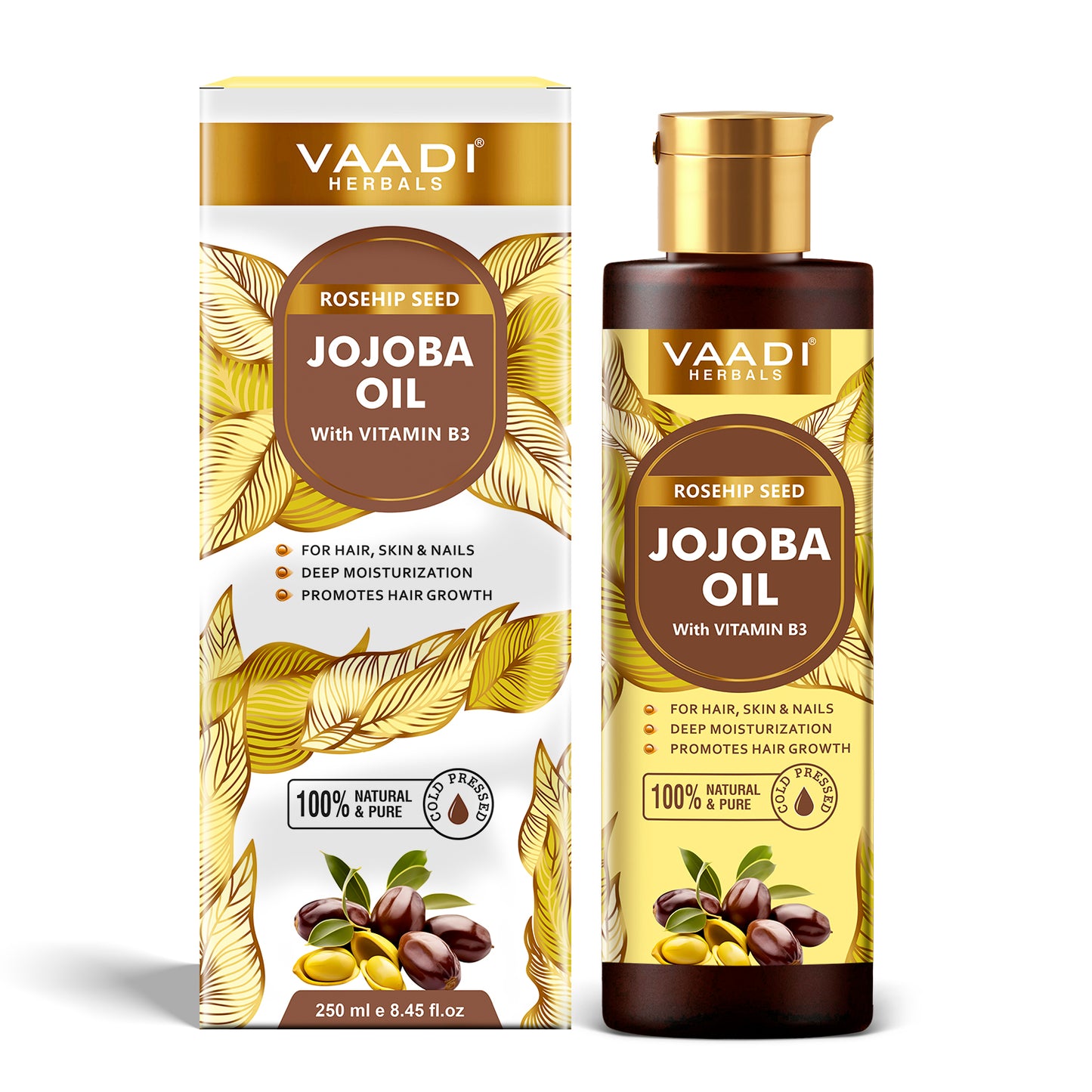 Cold Pressed Rosehip Seed Jojoba Oil with Vitamin B3-For Hair, Skin & Nails-Jojoba Oil Promotes Hair Growth-Skin Moisturisation-Anti Hair-Fall-For All Types of Skin & Hair-250ml