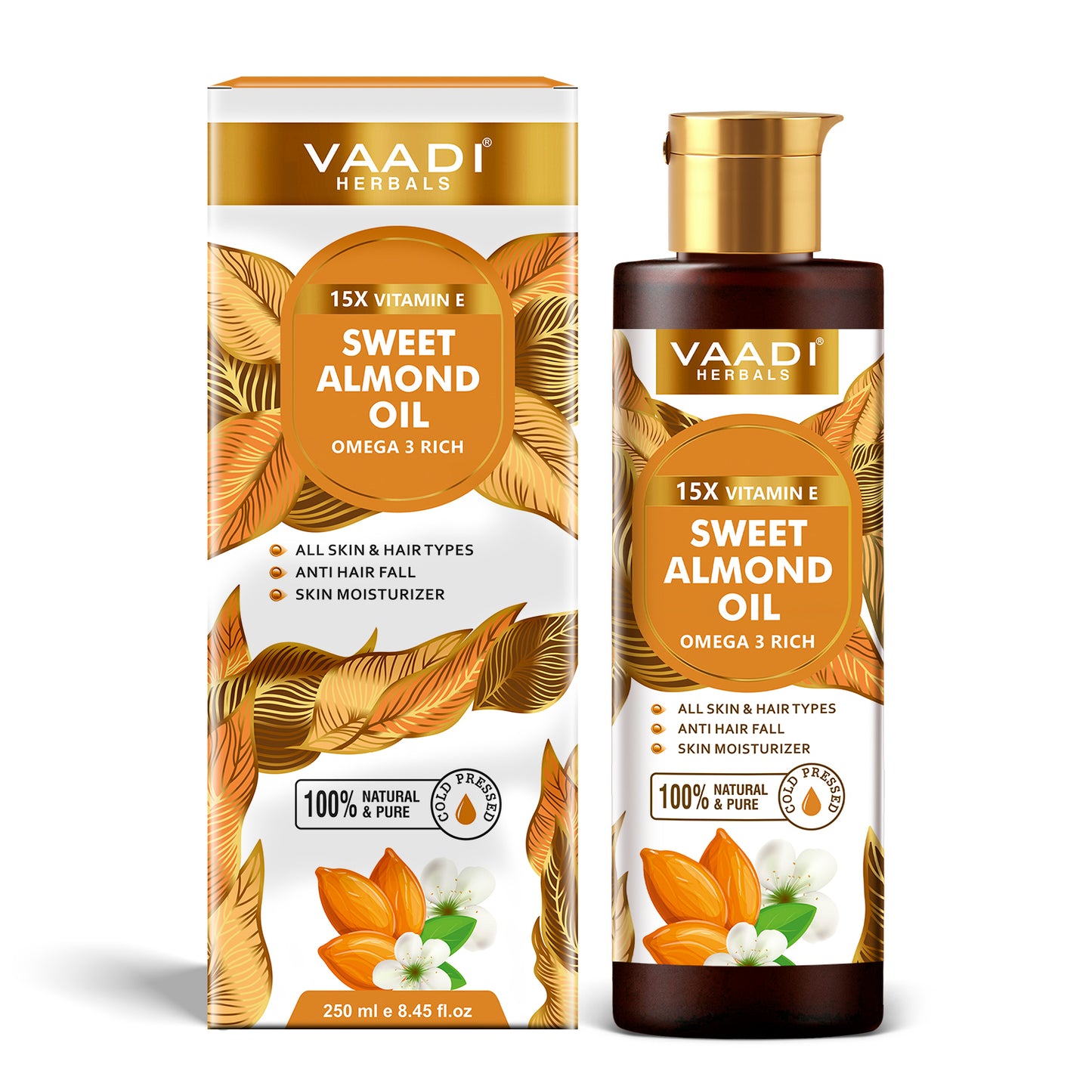 Cold-Pressed Sweet Almond Oil with Vitamin E - Anti Hair Fall - Removes Dark Circles- Skin Moisturizer-Promotes Hair Growth- 250ml