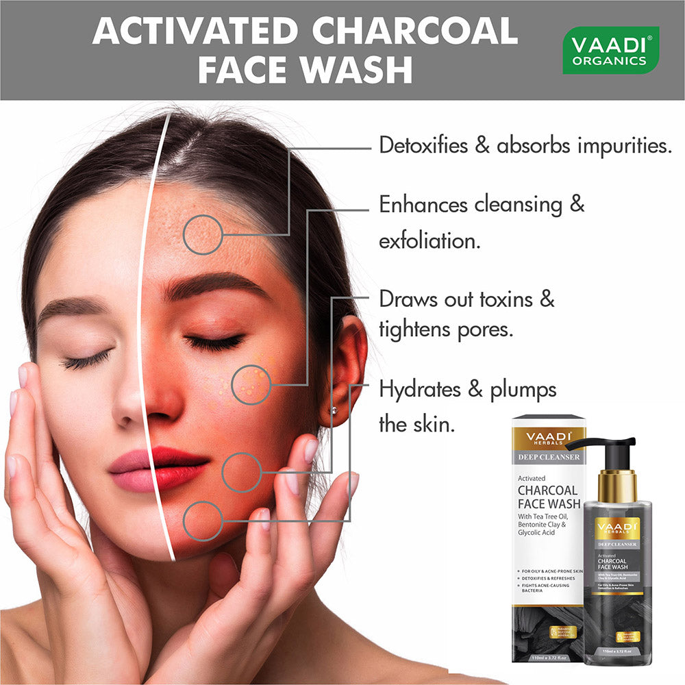 Activated Charcoal Face Wash with Tea Tree Oil, Bentonite Clay & Glycolic Acid| For Oily & Acne-Prone Skin| Detoxifies & Refreshes| Deep Purify| No Parabens , Mineral, Silicon| Face Wash for Women & Men ( 110 ml )