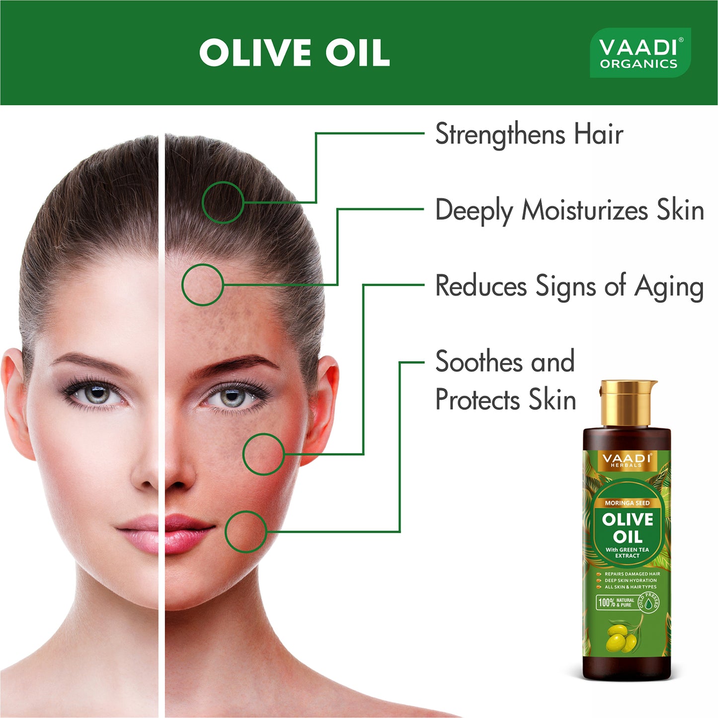 Cold Pressed Moringa Seed Olive Oil with Green Tea Extract- Repairs Damaged Hair-Deep Moisturisation -Skin Hydrating-Strengthens Hair -For All Types of Skin & Hair-250ml