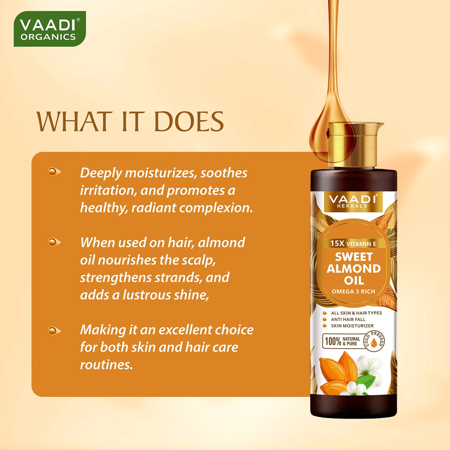 Cold-Pressed Sweet Almond Oil with Vitamin E - Anti Hair Fall - Removes Dark Circles- Skin Moisturizer-Promotes Hair Growth- 250ml