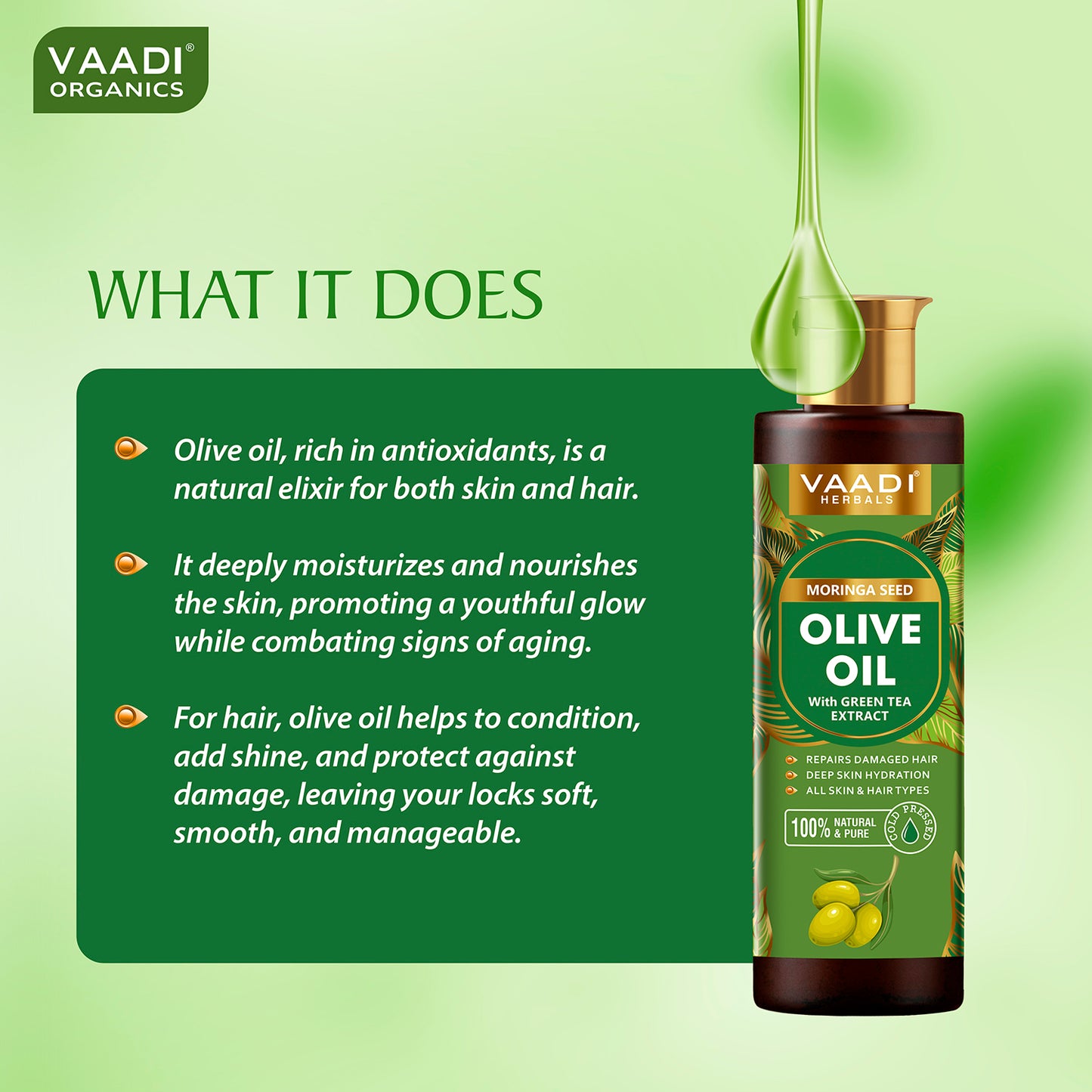 Cold Pressed Moringa Seed Olive Oil with Green Tea Extract- Repairs Damaged Hair-Deep Moisturisation -Skin Hydrating-Strengthens Hair -For All Types of Skin & Hair-250ml