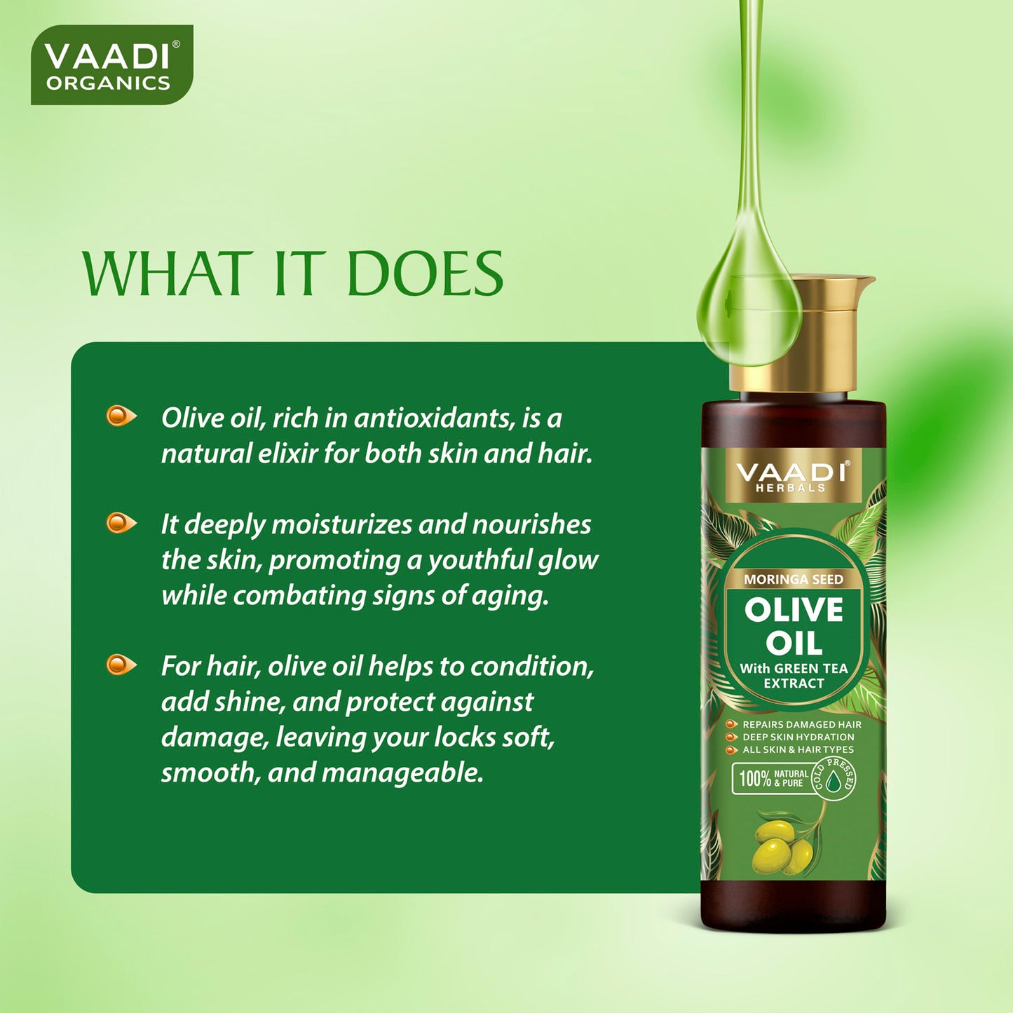 Cold Pressed Moringa Seed Olive Oil with Green Tea Extract- Repairs Damaged Hair-Deep Moisturisation -Skin Hydrating-Strengthens Hair -For All Types of Skin & Hair-120ml