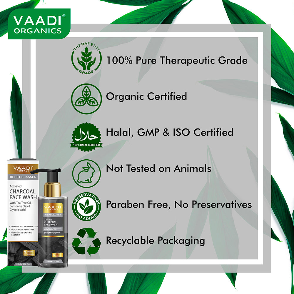 Activated Charcoal Face Wash with Tea Tree Oil, Bentonite Clay & Glycolic Acid| For Oily & Acne-Prone Skin| Detoxifies & Refreshes| Deep Purify| No Parabens , Mineral, Silicon| Face Wash for Women & Men ( 110 ml )