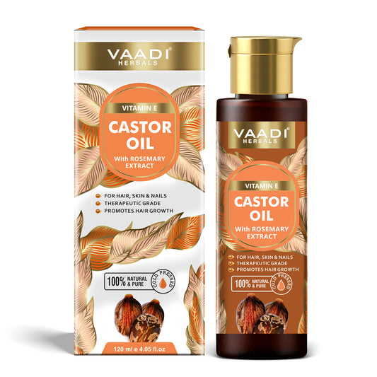 Cold Pressed Vitamin E Castor Oil with Rosemary Extract- For Hair, Skin & Nails- Promotes Hair Growth-Skin Hydrating-Strengthens Nails- Provides Shine-Reduces Hair Breakage-120ml