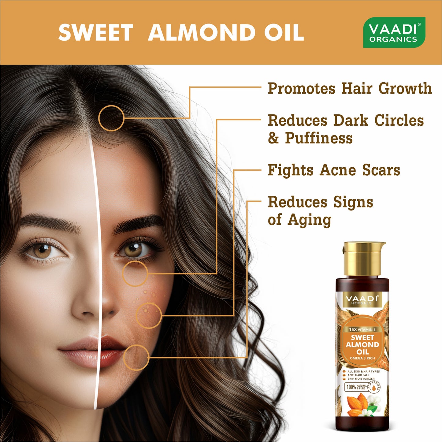 Cold-Pressed Sweet Almond Oil with Vitamin E - Anti Hair Fall - Removes Dark Circles- Skin Moisturizer-Promotes Hair Growth- 120ml