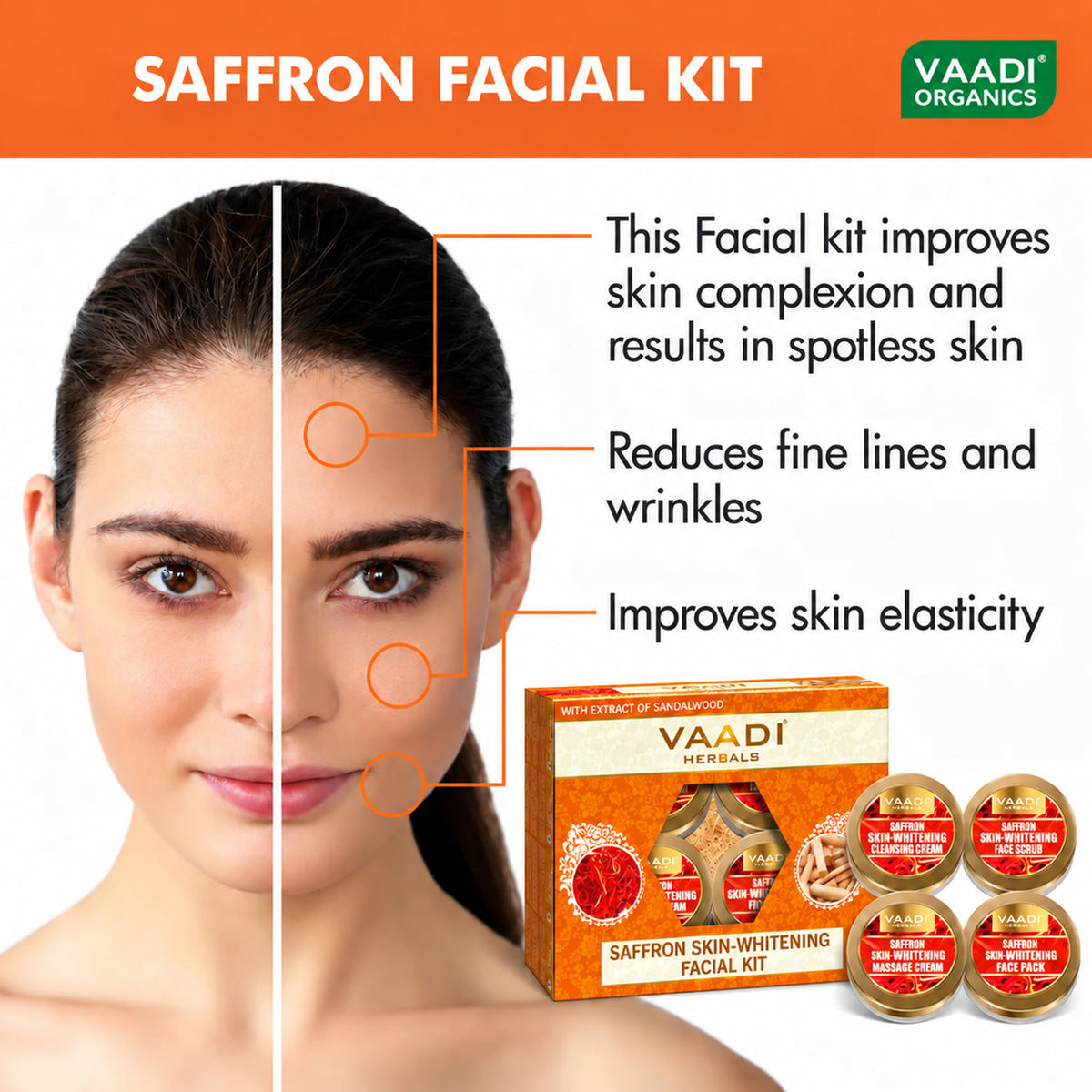 Saffron Skin Whitening Facial Kit with Sandalwood oil, Orange Peel, Lemongrass & Shea Butter - Lightens Skin Tone (110 gms/3.88 oz)