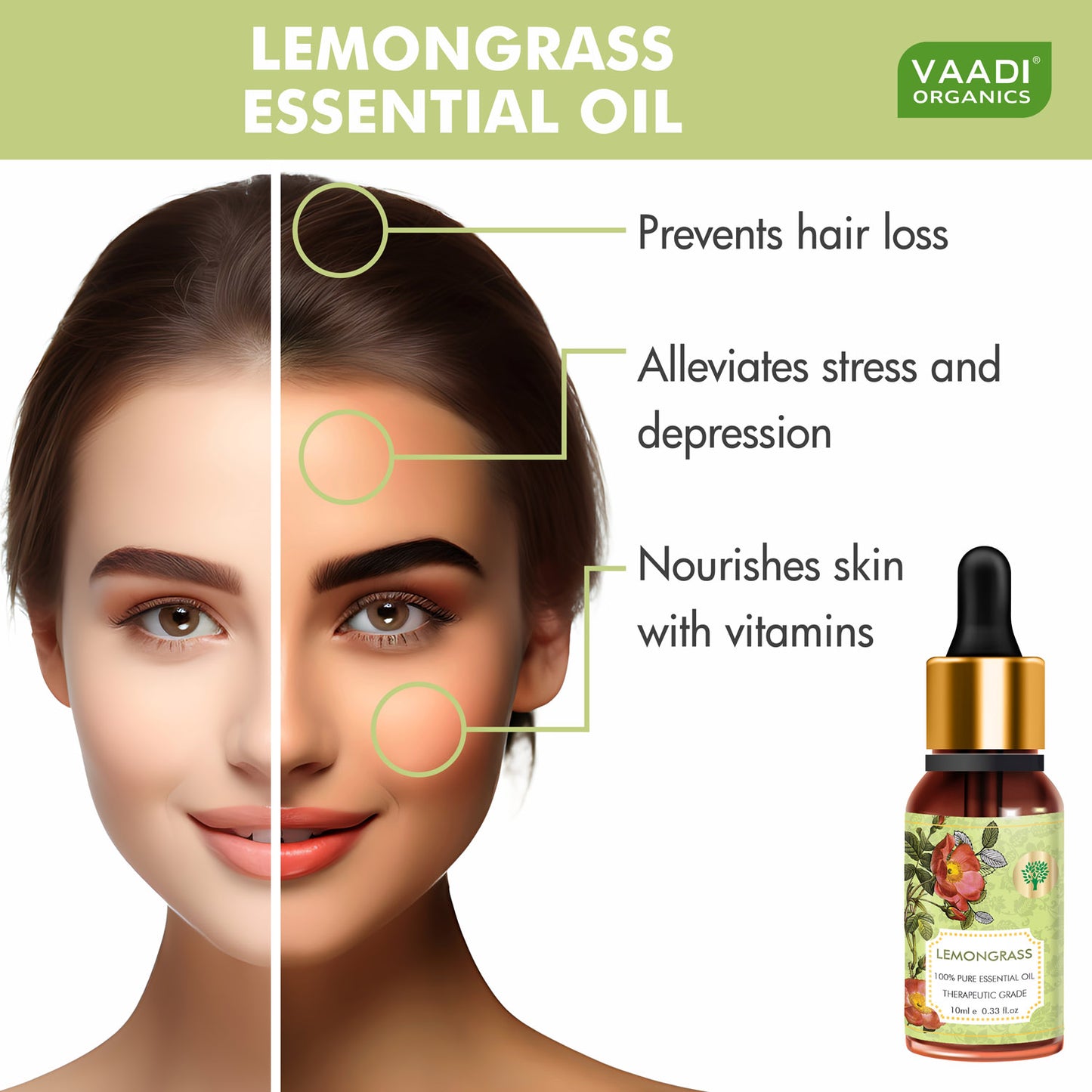 Lemongrass Essential Oil - Reduces Stress & Depression, Prevents Hairfall, Prevents Skin Ageing - 100% Pure Therapeutic Grade (10 ml)