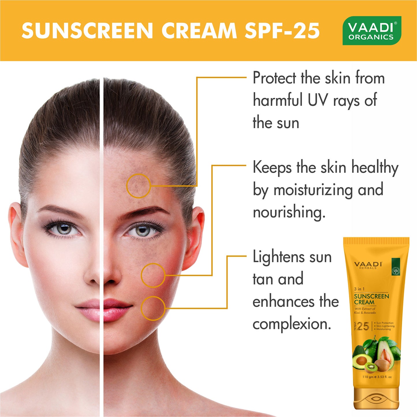 Pack of 2 Sunscreen Cream SPF-25 with Extracts of Kiwi & Avocado (110 gms x 2)