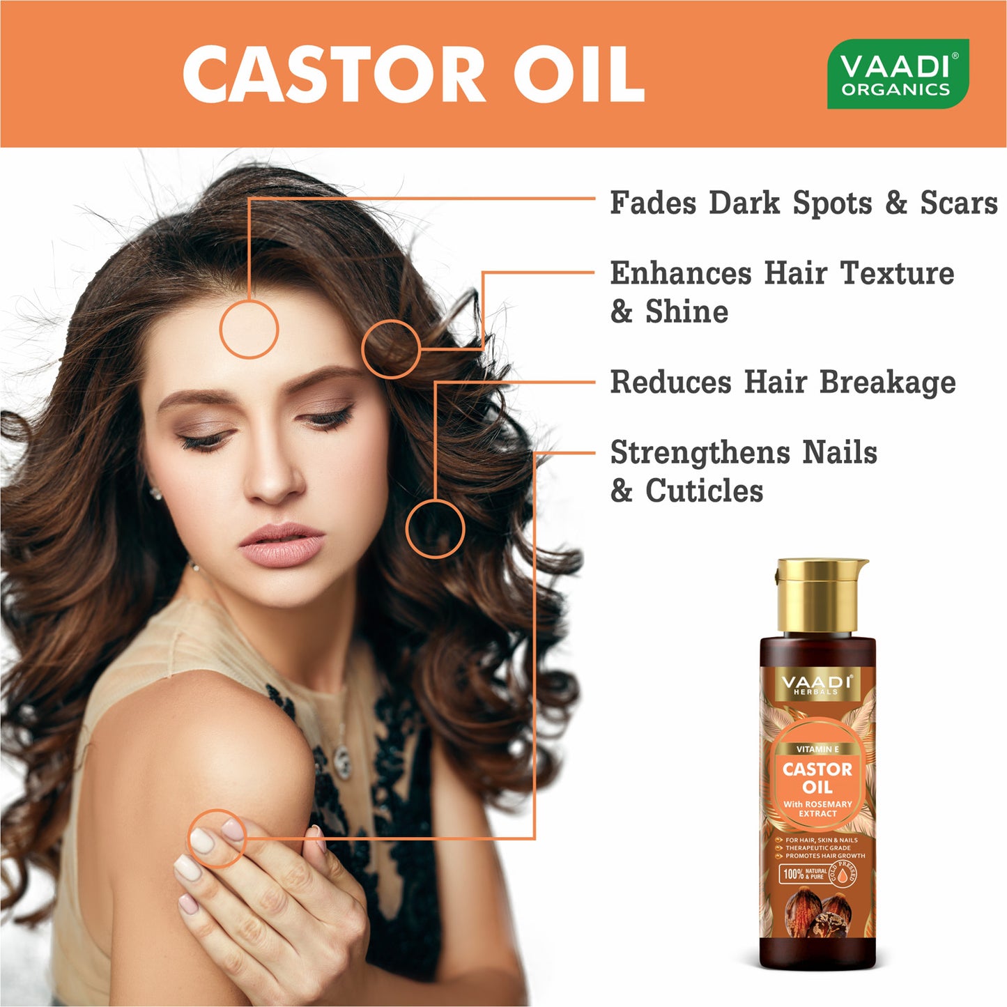 Cold Pressed Vitamin E Castor Oil with Rosemary Extract- For Hair, Skin & Nails- Promotes Hair Growth-Skin Hydrating-Strengthens Nails- Provides Shine-Reduces Hair Breakage-120ml