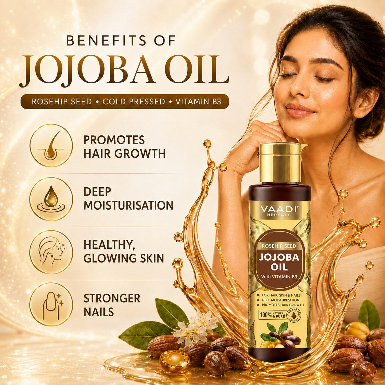 Cold Pressed Rosehip Seed Jojoba Oil with Vitamin B3-For Hair, Skin & Nails-Jojoba Oil Promotes Hair Growth-Skin Moisturisation-Anti Hair-Fall-For All Types of Skin & Hair-250ml