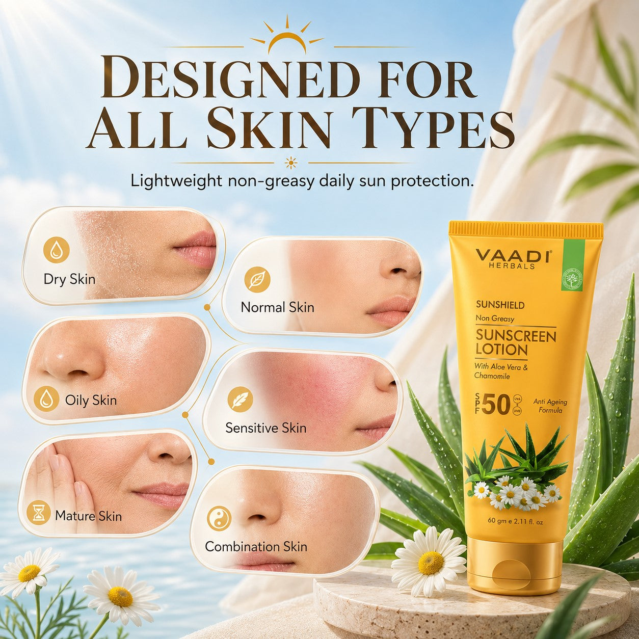 Pack of 3 Sunscreen Lotion SPF-50 with Aloe Vera & Chamomile (110 ml x 3)