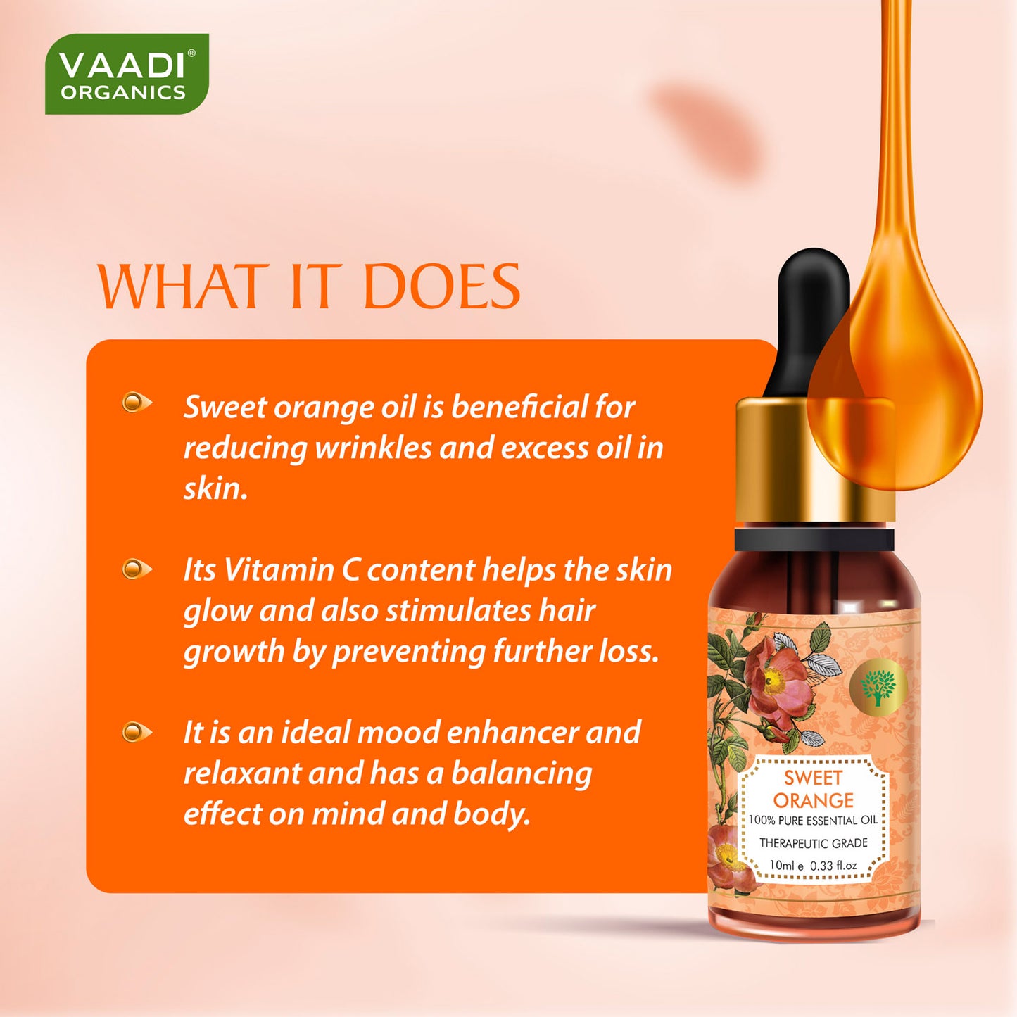 Sweet Orange Essential Oil - Vitamin C Reduces Hairfall, Improves Skin Complexion, Enhances Mood, Loosens Tired Muscles - 100% Pure Therapeutic Grade (10 ml)