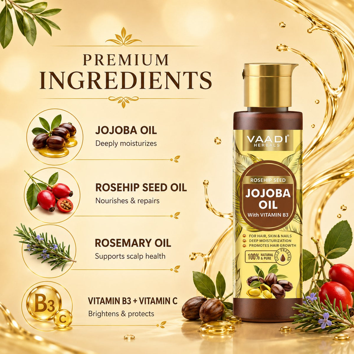 Cold Pressed Rosehip Seed Jojoba Oil with Vitamin B3-For Hair, Skin & Nails-Jojoba Oil Promotes Hair Growth-Skin Moisturisation-Anti Hair-Fall-For All Types of Skin & Hair-250ml