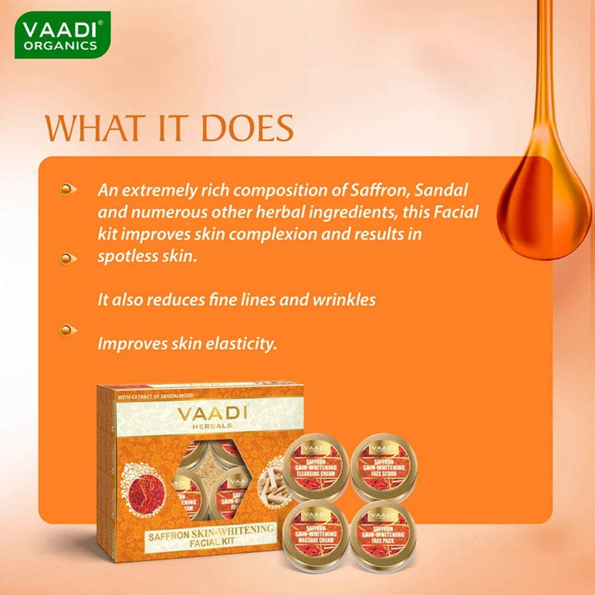 Saffron Skin Whitening Facial Kit with Sandalwood oil, Orange Peel, Lemongrass & Shea Butter - Lightens Skin Tone (110 gms/3.88 oz)