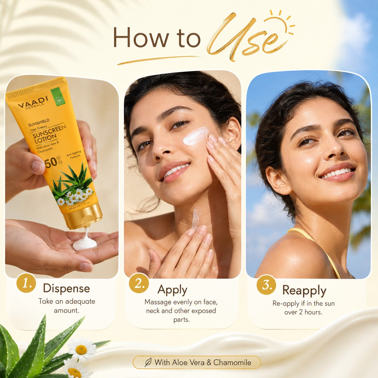 Pack of 3 Sunscreen Lotion SPF-50 with Aloe Vera & Chamomile (110 ml x 3)