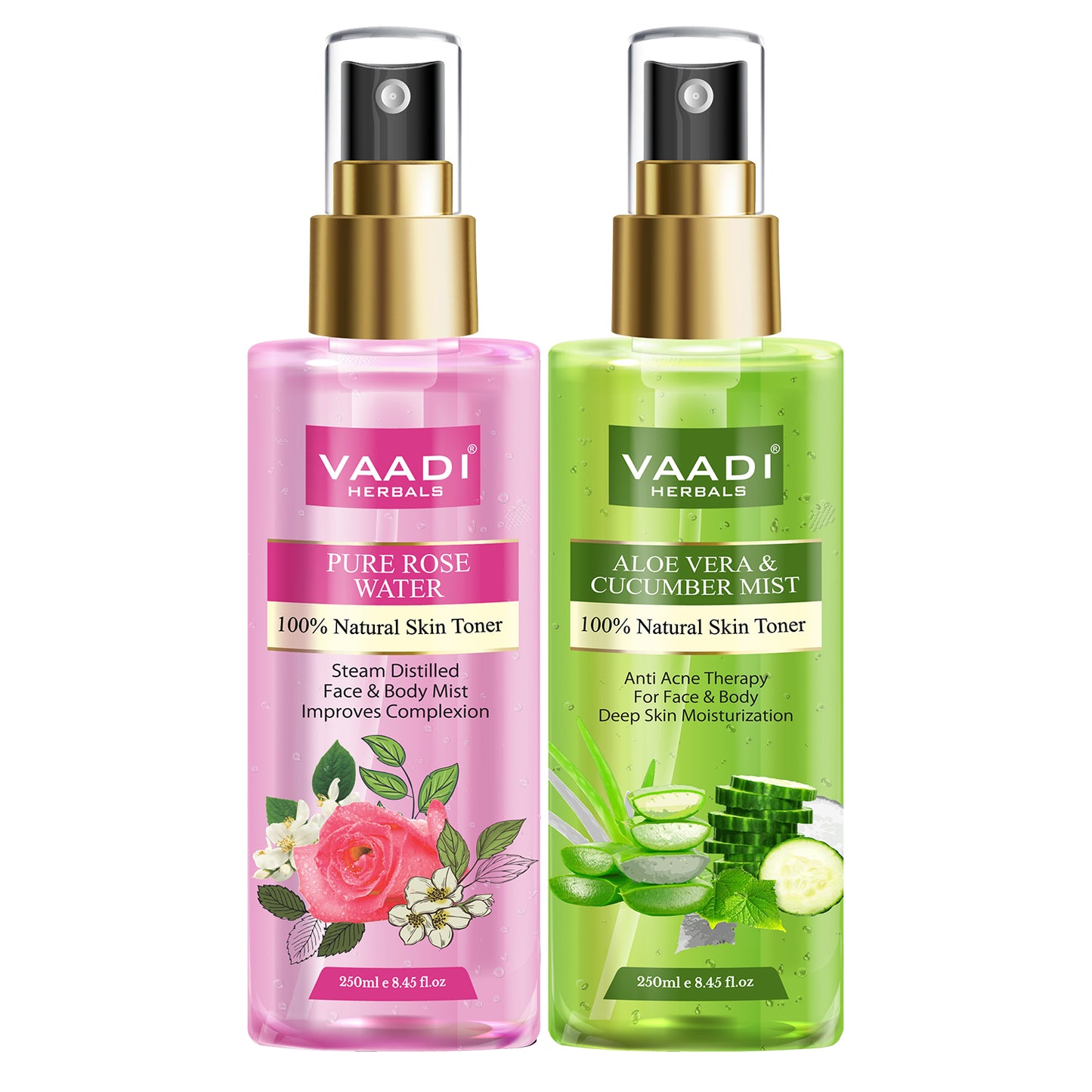 Pack of 2 - Rose Water & Aloe Vera Cucumber Mist - 100% Natural & Pure (250 ml x 2)