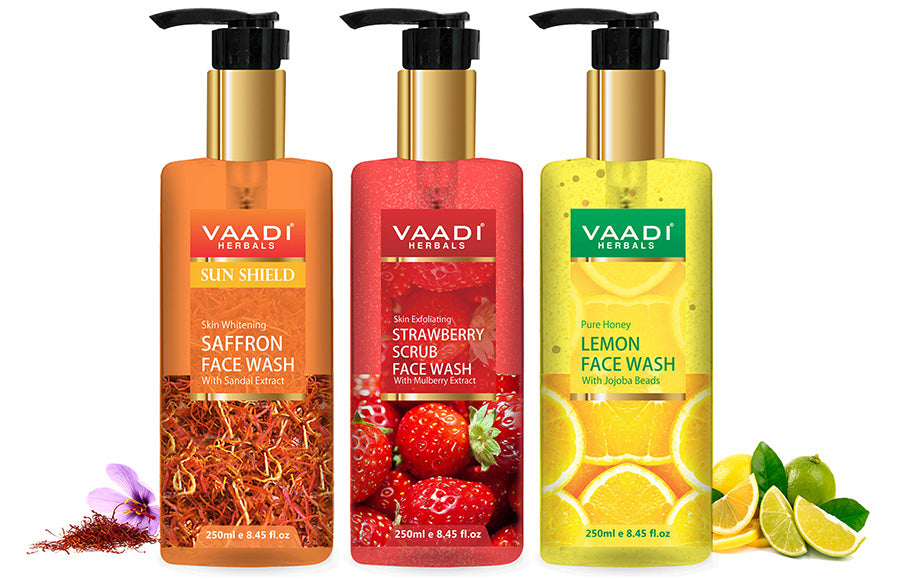 Pack of 3 Luxurious Face Wash - Skin Whitening Saffron, Strawberry Scrub & Pure Honey Lemon (3 x 250 ml)